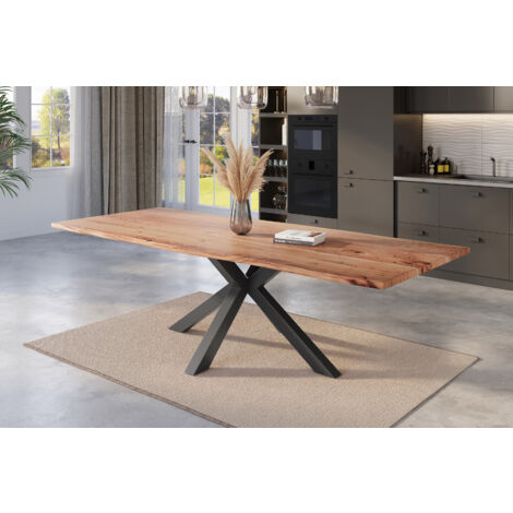 Esstisch Baumkante massiv Akazie natur 240 x 100 cm Spider-Gestell schwarz KALEA