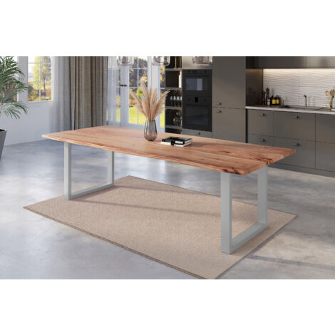 Esstisch Baumkante massiv Akazie natur 240 x 100 U-Gestell silber NICK