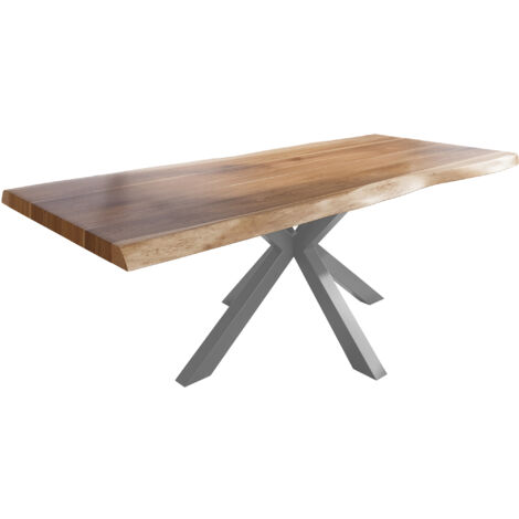 Esstisch Baumkante massiv Akazie natur 240 x 110 Spider-Gestell Metall silber TITAN