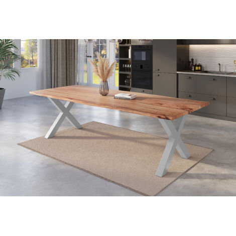 Esstisch Baumkante massiv Akazie natur 260 x 100 silber X-Gestell NICK