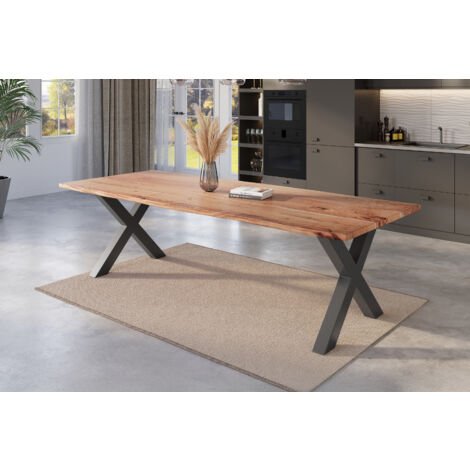 Esstisch Baumkante massiv Akazie natur 280 x 100 schwarz X-Gestell NICK
