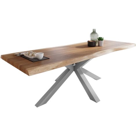Esstisch Baumkante massiv Akazie natur 280 x 100 Spider-Gestell silber ATLAS