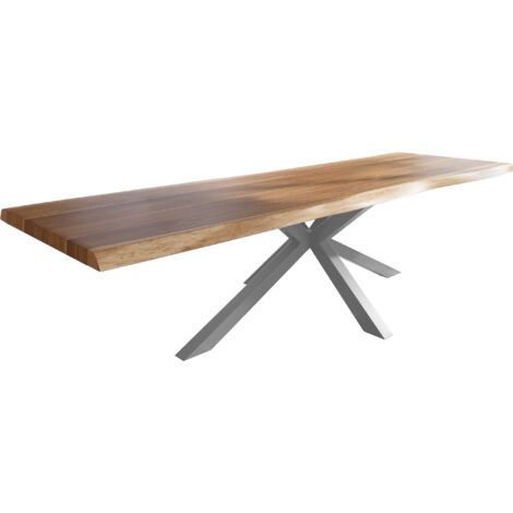 Esstisch Baumkante massiv Akazie natur 300 x 110 Spider-Gestell Metall silber TITAN