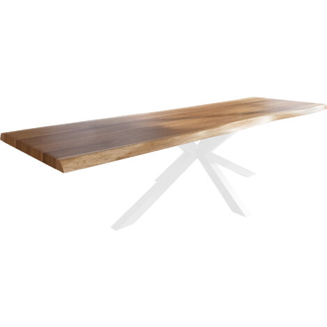 Esstisch Baumkante massiv Akazie natur 300 x 110 Spider-Gestell Metall weiß TITAN