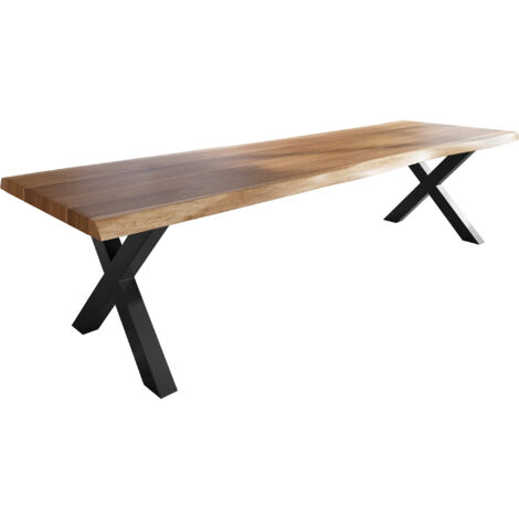 Esstisch Baumkante massiv Akazie natur 300 x 120 X-Gestell Metall schwarz TITAN