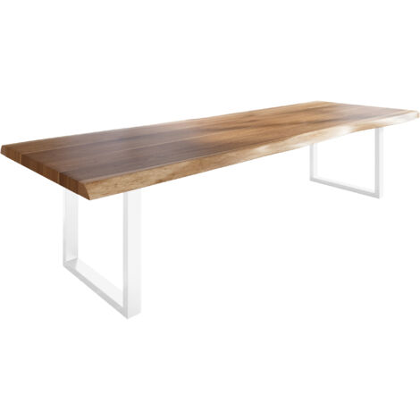 Esstisch Baumkante massiv Akazie natur 350 x 120 U-Gestell Metall weiß TITAN