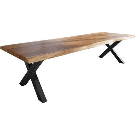 Esstisch Baumkante massiv Akazie natur 350 x 120 X-Gestell Metall schwarz TITAN