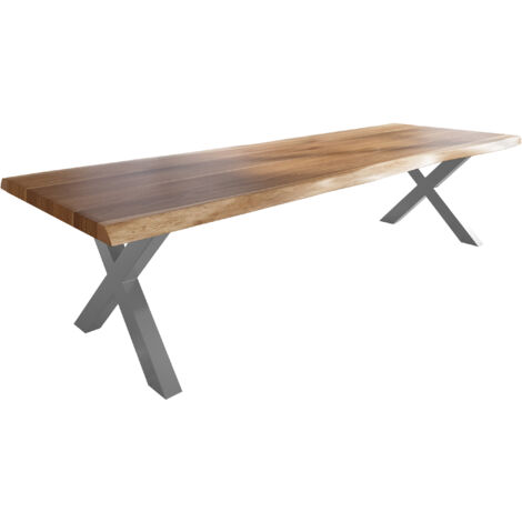 Esstisch Baumkante massiv Akazie natur 350 x 120 X-Gestell Metall silber TITAN