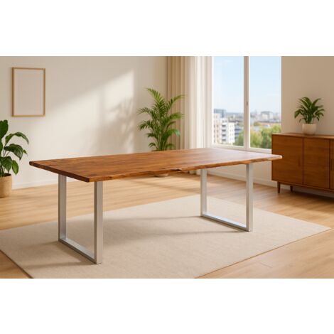 Esstisch Baumkante massiv Akazie nougatfarben 200 x 100 cm silber LAURINA