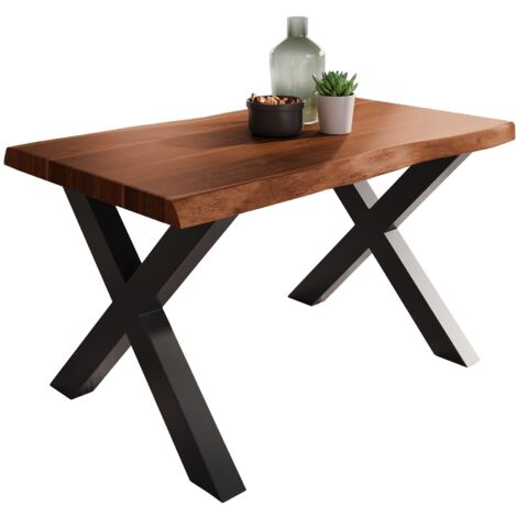 Esstisch Baumkante massiv Akazie Nuss 120 x 80 X-Gestell schwarz ATLAS
