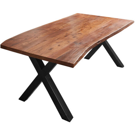Esstisch Baumkante massiv Akazie nuss 120 x 80 X-Gestell schwarz XANTEN