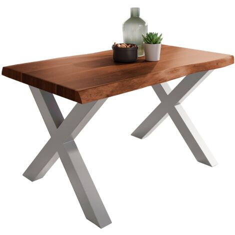 Esstisch Baumkante massiv Akazie Nuss 140 x 80 X-Gestell silber ATLAS