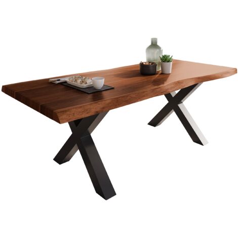 Esstisch Baumkante massiv Akazie Nuss 220 x 100 X-Gestell schwarz ATLAS