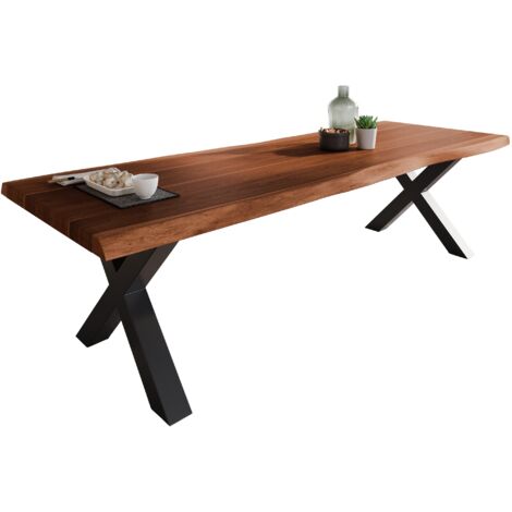 Esstisch Baumkante massiv Akazie Nuss 240 x 100 X-Gestell schwarz ATLAS