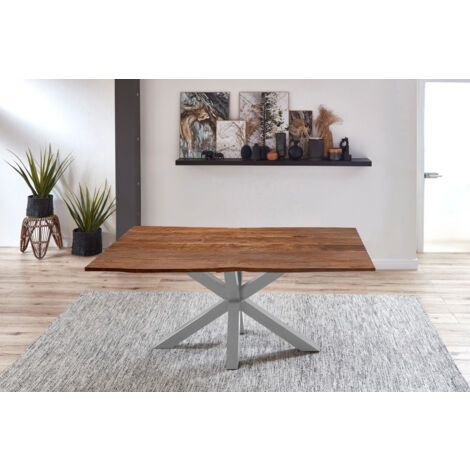Esstisch Baumkante massiv Akazie nussbaum 120 cm Spider-Gestell silber QUINCY