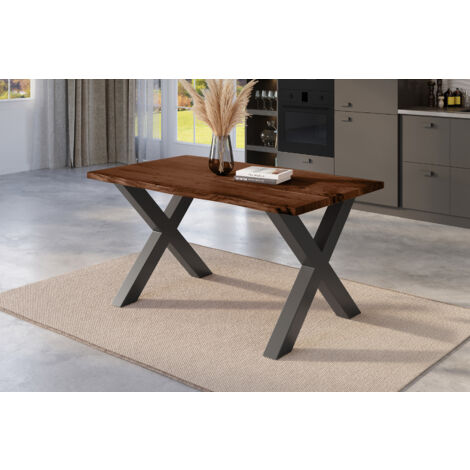 Esstisch Baumkante massiv Akazie nussbaum 120 x 80 schwarz X-Gestell NICK