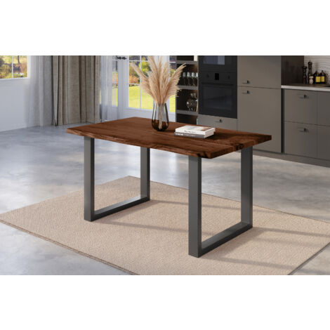 Esstisch Baumkante massiv Akazie nussbaum 120 x 80 U-Gestell schwarz NICK