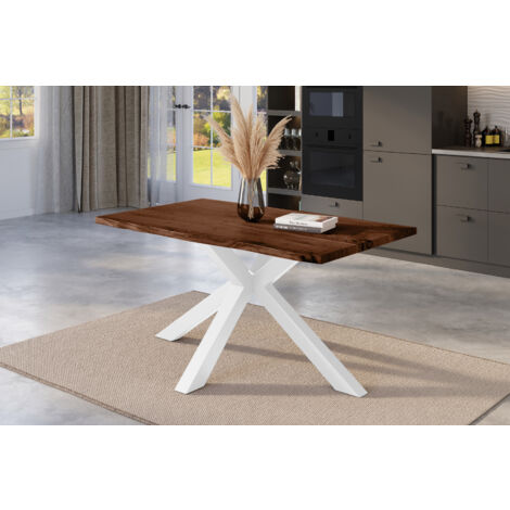 Esstisch Baumkante massiv Akazie nussbaum 140 x 80 cm Spider-Gestell weiß Kalea