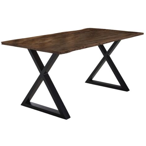 Esstisch Baumkante massiv Akazie nussbaum 140 x 80 schwarz X-Gestell LUBIN