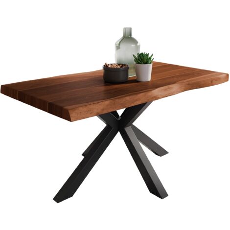 Esstisch Baumkante massiv Akazie Nussbaum 140 x 80 Spider-Gestell schwarz ATLAS