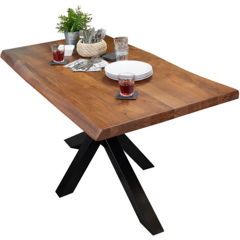 Esstisch Baumkante massiv Akazie Nussbaum 140 x 80 Spider-Gestell schwarz CALI