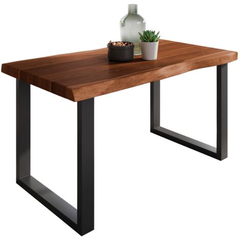 Esstisch Baumkante massiv Akazie Nussbaum 140 x 80 U-Gestell schwarz ATLAS