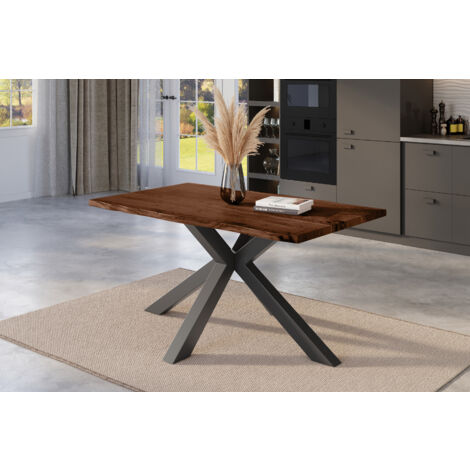 Esstisch Baumkante massiv Akazie nussbaum 160 x 85 cm Spider-Gestell schwarz KALEA