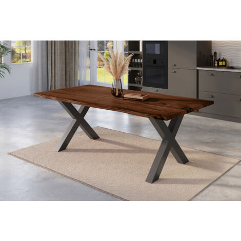 Esstisch Baumkante massiv Akazie nussbaum 180 x 90 schwarz X-Gestell NICK