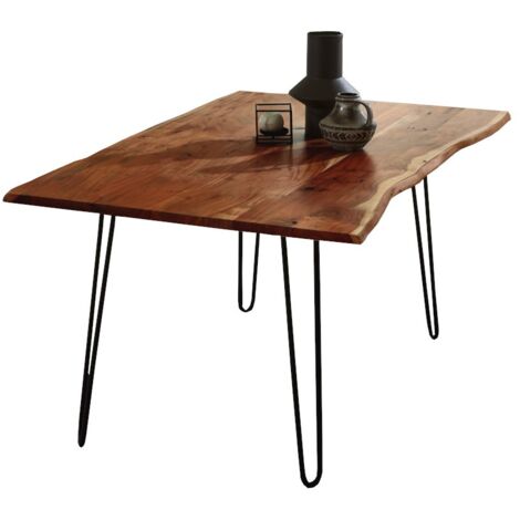Esstisch Baumkante massiv Akazie nussbaum 80x80 Hairpin-Gestell schwarz HANNAH