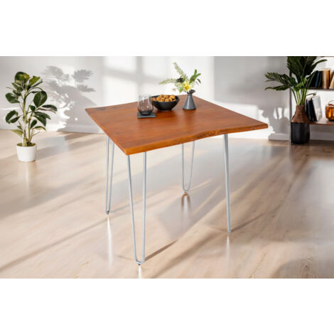 Esstisch Baumkante massiv Akazie nussbaum 90x90 Hairpin-Gestell silber HANNAH