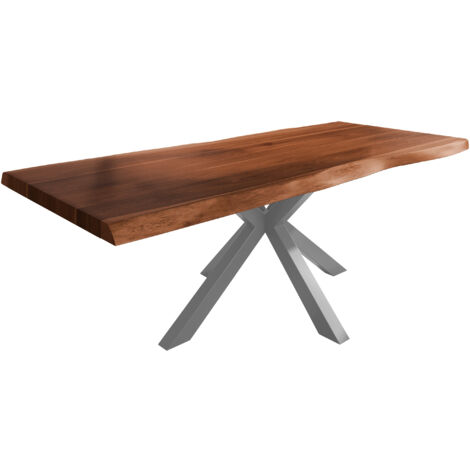 Esstisch Baumkante massiv Akazie nussbaumfarben 200 x 110 Spider-Gestell Metall silber TITAN