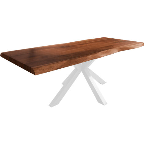 Esstisch Baumkante massiv Akazie nussbaumfarben 240 x 120 Spider-Gestell Metall weiß TITAN