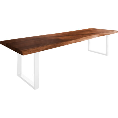 Esstisch Baumkante massiv Akazie nussbaumfarben 320 x 120 U-Gestell Metall weiß TITAN