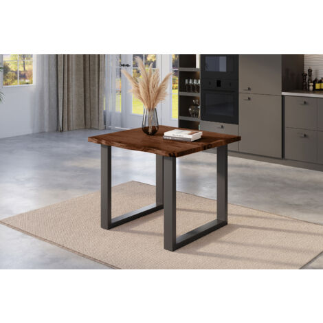 Esstisch Baumkante massiv Akazie nussbaumfarben 80 x 80 U-Gestell schwarz NICK