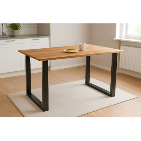 Esstisch Baumkante massiv Eiche geölt 140 x 80 cm U-Gestell schwarz SALVADOR