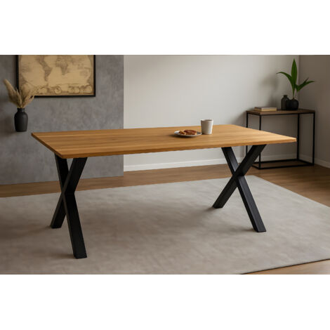 Esstisch Baumkante massiv Eiche geölt 200 x 100 cm X-Gestell schwarz SALVADOR