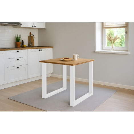 Esstisch Baumkante massiv Eiche geölt 80 x 80 cm U-Gestell weiß  SALVADOR