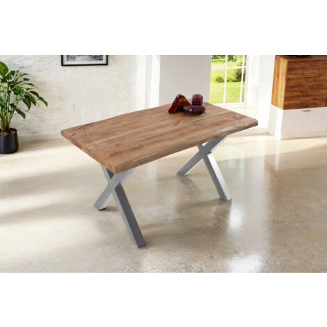 Esstisch Baumkante massiv Mango 140 x 80 X-Gestell silber CALI