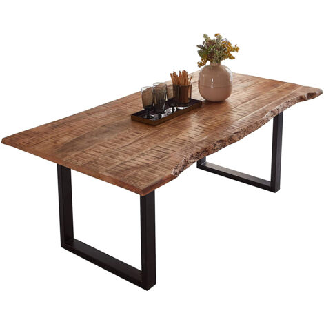 Esstisch Baumkante Massiv Mango naturfarben 220 x 100 schwarz U-Gestell NORINA