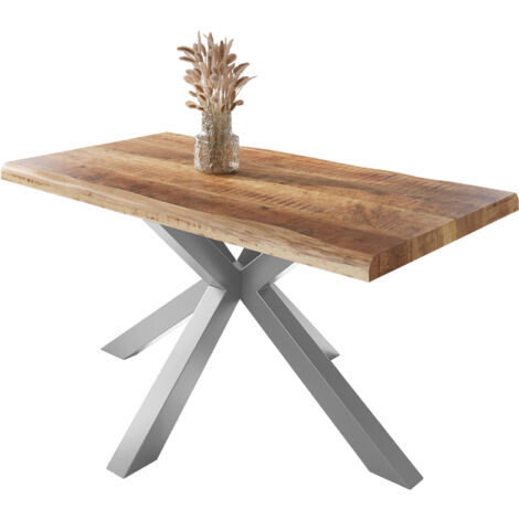 Esstisch Baumkante massiv Mango rough 120 x 80 Spider-Gestell silber ATLAS