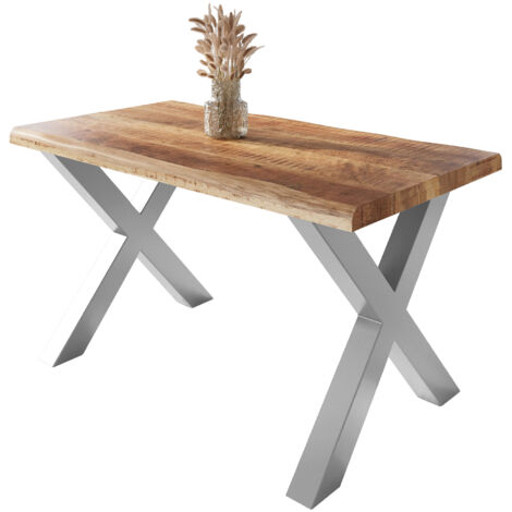 Esstisch Baumkante massiv Mango rough 140 x 80 X-Gestell silber ATLAS