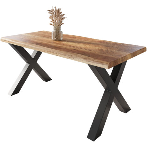 Esstisch Baumkante massiv Mango rough 180 x 90 X-Gestell schwarz ATLAS