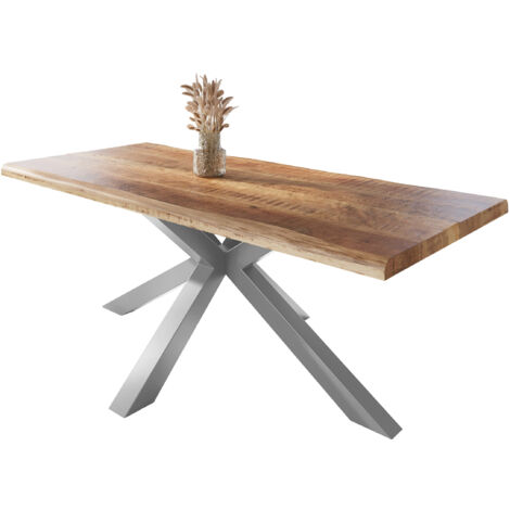 Esstisch Baumkante massiv Mango rough 200 x 100 Spider-Gestell silber ATLAS