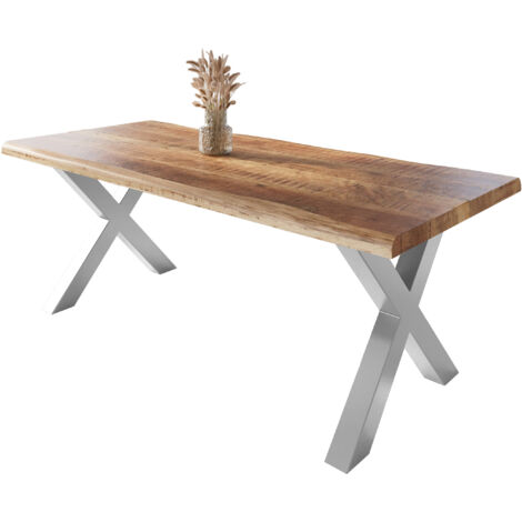 Esstisch Baumkante massiv Mango rough 220 x 100 X-Gestell silber ATLAS