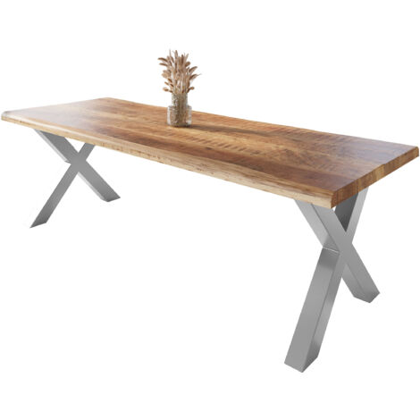 Esstisch Baumkante massiv Mango rough 300 x 100 X-Gestell silber ATLAS