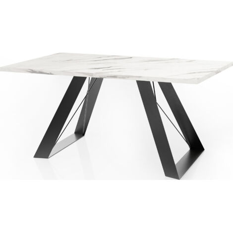 Esstisch Colter Schwarz im Modernen Still, Rechteckig Tisch - Ausziehbar von 140 cm bis 240 cm, Pulverbeschichtete Weiße Metallbeine - 140 x 80 cm - Marmor Weiß
