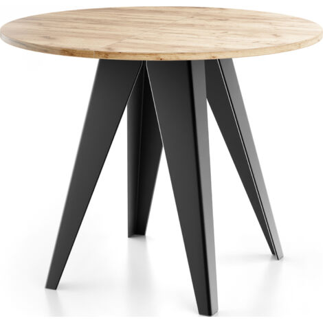 Esstisch Glory im Industriestil - Modern, Rund - Ausziehbar von 90 cm bis 130 cm, mit Pulverbeschichteten Metallbeinen, Tisch für Kleine Küche - Craft Eiche