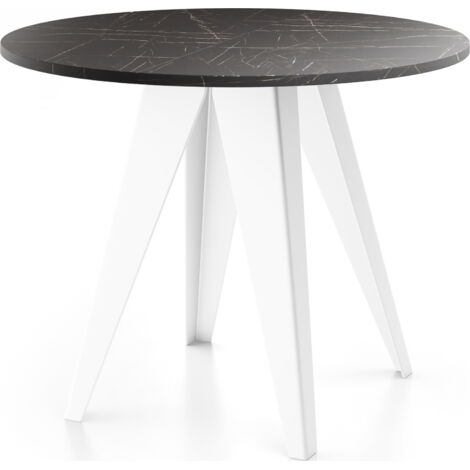 Esstisch Glory Weiß im Industriestil - Modern Rund - Ausziehbar von 90 cm bis 130 cm, mit Pulverbeschichteten Metallbeinen Tisch für Kleine Küche - Marmor Schwarz
