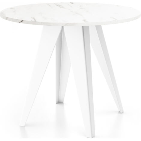 Esstisch Glory Weiß im Industriestil - Modern, Rund - Ausziehbar von 90 cm bis 130 cm, mit Pulverbeschichteten Metallbeinen, Tisch für Kleine Küche - Weiß Marmor