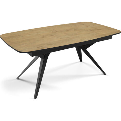 Esstisch Groß XXL Ausziehbar Oval Rechteckig im Loft-Stil – 180 bis 380 cm – Konferenztisch mit Schwarzen Metallbeinen für 8-16 Personen – Eiche Hell Braun